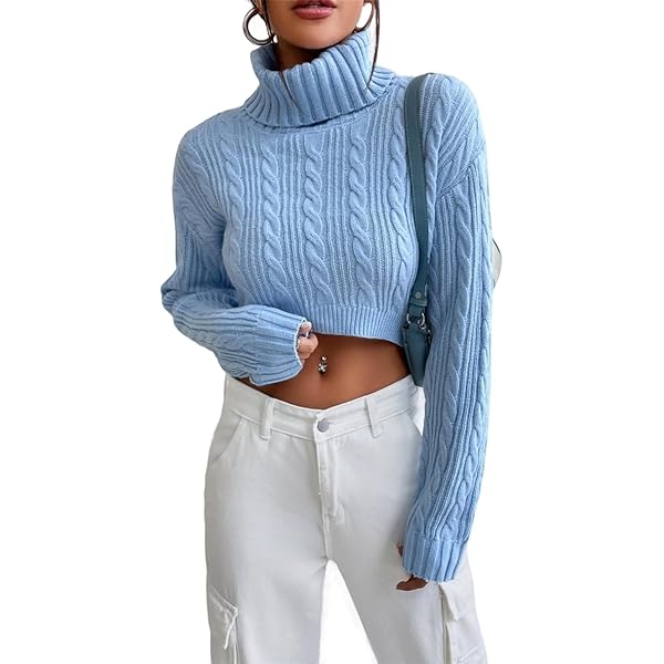 トップス Summer High Neck Knitted Pullover Womens Turtleneck Cable Knit Cropped Top Long Sleeve Pullover Crop